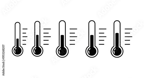 five thermometer icons displaying varying temperature levels from cold to hot perfect for illustrating weather conditions or health concepts.