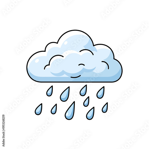 Cartoon cloud raining droplets, illustration of a fluffy cloud with falling water drops symbolizing precipitation in a simple, clean graphic