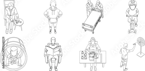 Collection of eight blurry black and white illustrations isolated on transparent background