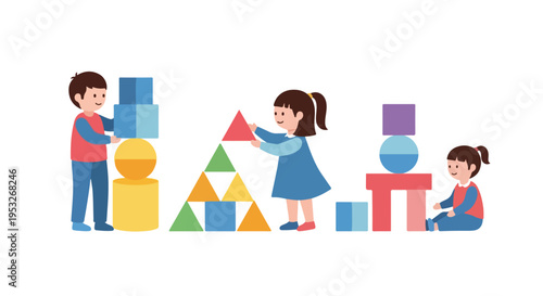 Three happy children are creatively playing with various colorful geometric blocks, building stacks and structures on a plain white background.