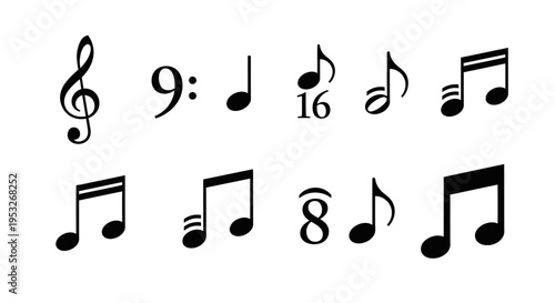 various musical notation symbols and notes illustrating fundamental music theory elements on a clean white background for educational materials.