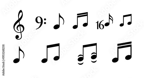 various musical notes and symbols including clefs and beamed notes presented clearly for music theory and educational design