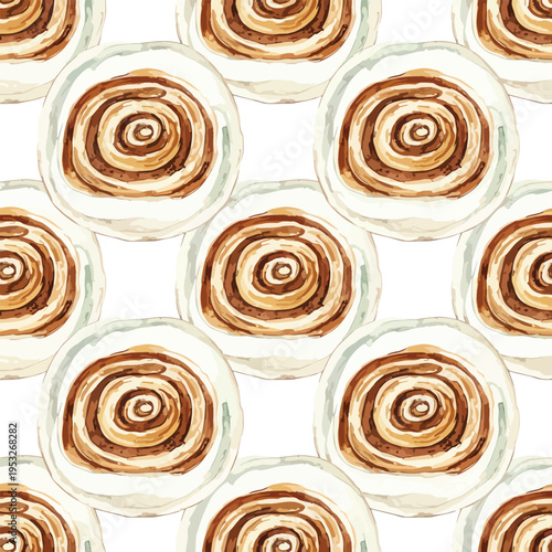 Seamless pattern of cinnamon rolls on a white background with a warm color palette and appetizing dessert composition.