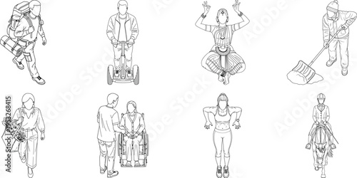 Eight abstract humanoid figures in various poses isolated on transparent background