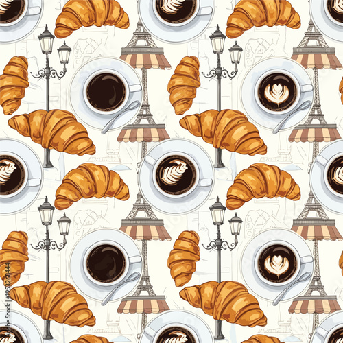 Seamless pattern of coffee cups and croissants with Eiffel Tower and street lamps on a beige background with a classic Parisian theme.