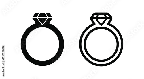 Two diamond rings one solid one outlined in black and white silhouette