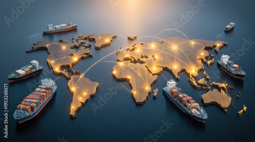 Global shipping network expansion maritime industry infographic digital ocean environment aerial view trade connectivity