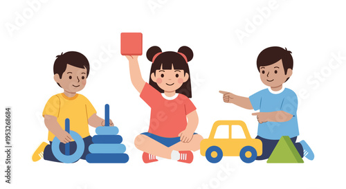 Three happy children are sitting on the white floor, playing together with colorful toys like a stacking ring, blocks, and a car.