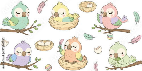Fotografía Cute baby birds illustration set with nests eggs feathers and branches in pastel