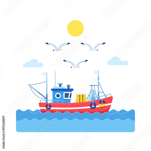 Vibrant fishing trawler navigating blue ocean waves under a bright yellow sun with white seagulls soaring in the serene sky, a tranquil maritime scene illustration