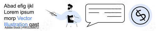 Business, education, communication, financial services, analysis, creative concepts. Man holding clipboard and pointing, speech bubble currency symbol. Business and communication concept