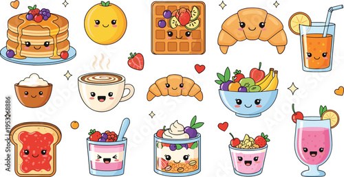 Cute breakfast food illustration set with pancakes waffles croissants fruits coffee smoothies and kawaii dessert characters collection