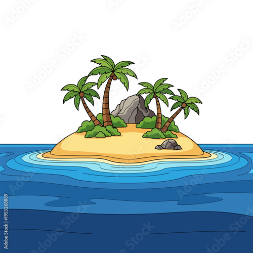 Idyllic tropical island with palm trees and sandy beach surrounded by calm blue ocean waves, a serene and inviting paradise escape