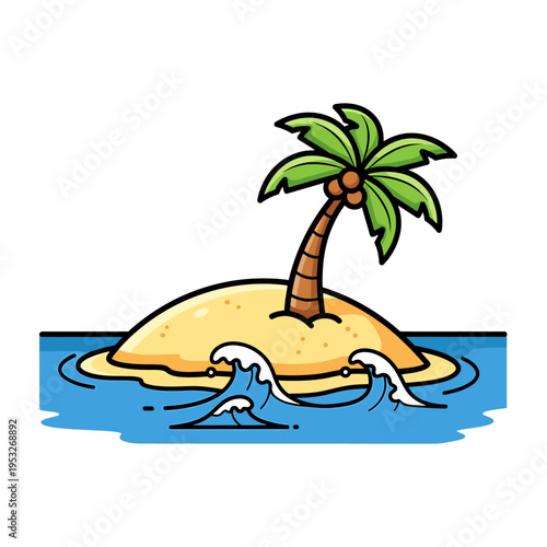 Charming tropical island illustration with a solitary palm tree and gentle ocean waves, evoking a peaceful escape and an exotic vacation dream