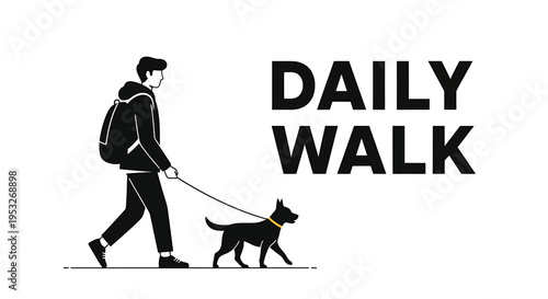 Man silhouette with backpack walking dog daily routine
