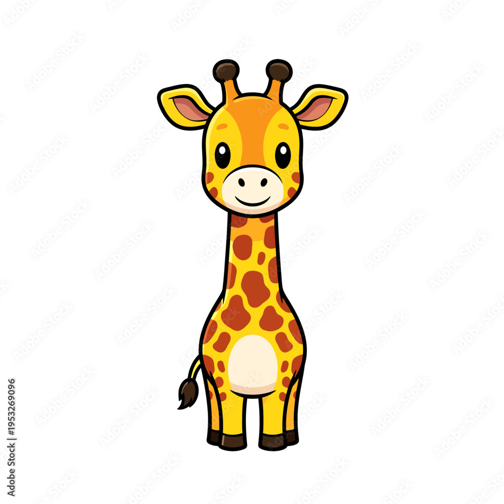 Fototapeta premium Cute cartoon illustration of a baby giraffe with a long neck and distinctive spots, perfect for children's educational materials and zoo promotions