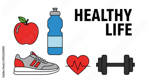 Healthy life icons with apple water bottle sneaker and dumbbell
