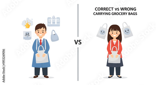 Correct vs wrong ways to carry grocery bags for back health
