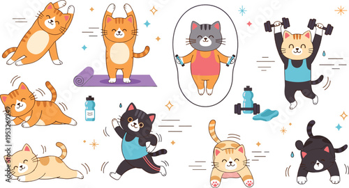 Cute cats fitness workout illustration set with yoga running weightlifting stretching and healthy lifestyle cartoon kitten characters collection