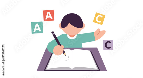 A young student sits at a desk, diligently writing in a notebook while colorful letter blocks float around, symbolizing the learning process.