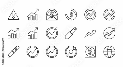 business and finance line icons set illustrating financial growth market analysis and investment trends for web and app design.