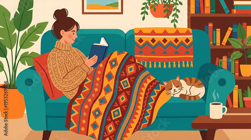 Cozy Reading Scene with a Cat Napping on a Sofa Next to a Woman with a Book and Indoor Plants