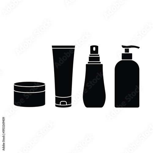 Black silhouette icons representing various cosmetic and skincare product containers