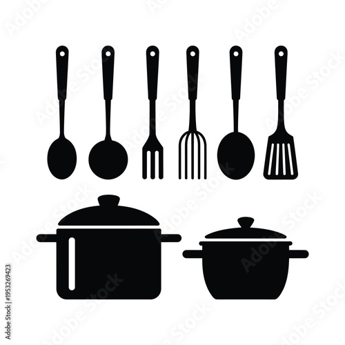 Black silhouette icons depicting various kitchen cooking utensils and cookware
