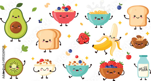Cute healthy breakfast food characters illustration set with fruits cereal milk toast avocado and kawaii cartoon nutrition collection
