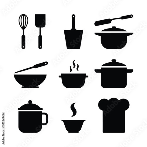 Black silhouette icons depicting various kitchen cooking utensils and cookware
