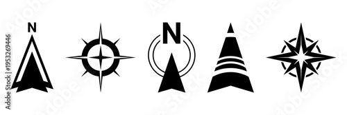 Black north arrows symbol vector set. Compass direction sign for map