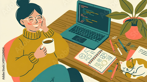 Happy young woman coding from home, enjoying a warm drink while her cat naps peacefully beside her desk, illustrating a comfortable and productive remote work environment