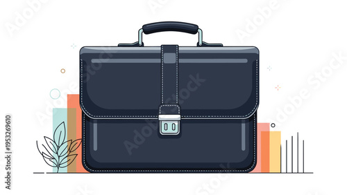 Detailed illustration of a professional black leather briefcase placed against a background of colorful data charts and simple green plants.