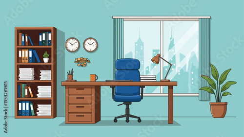 Neat and professional office workspace featuring a desk with a blue chair a tall bookshelf and a window overlooking a city skyline view.