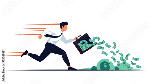 Businessman running at high speed while carrying a briefcase that is leaking dollar bills illustrating fast spending or financial loss.