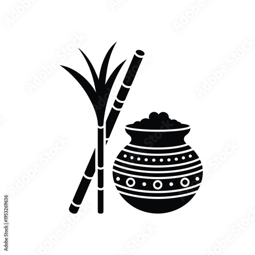 Black silhouette depicting sugarcane stalks a pot and granular contents