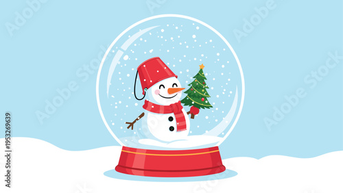 Happy snowman wearing a red bucket hat and holding a small decorated Christmas tree inside a snow globe on a white snowy ground background.