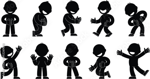 Set of cute child silhouettes showing different gestures poses waving clapping walking standing cartoon kids black vector illustration collection isolated