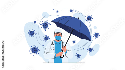 Male doctor wearing a face mask and medical coat holding a blue umbrella to protect against virus particles floating in the air around him.