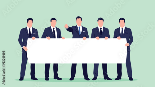 Group of professional businessmen in suits standing together and holding a large blank white horizontal banner for custom advertisements.