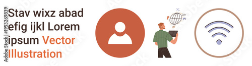 Digital communication, technology, global networking, user identity, wireless connectivity, education. A person with a laptop, user icon and wireless symbol. Digital communication and technology