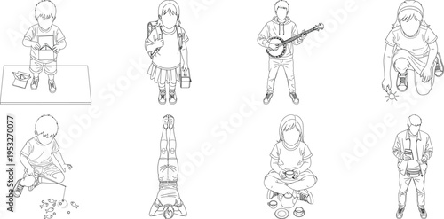 A set of six blurry sketches of a person playing guitar isolated on transparent background