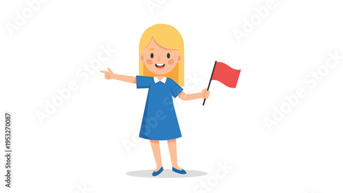 Cute little girl with blonde hair wearing a blue dress and holding a small red flag while pointing toward a specific direction or path.