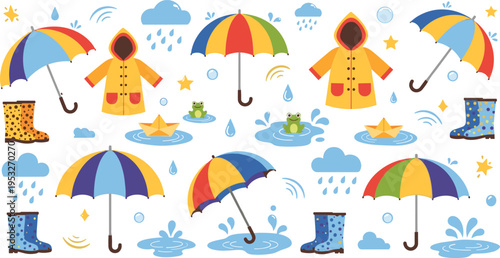 Rainy weather icons set with umbrellas raincoats boots clouds raindrops puddles frogs and colorful autumn season elements collection
