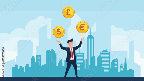 Businessman juggling gold coins representing different global currencies like dollar euro and pound against city skyline.