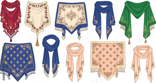 Traditional embroidered shawl and scarf collection with floral patterns decorative fringes elegant textile fashion accessories in colorful styles