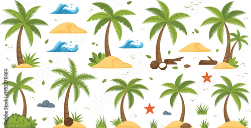 Tropical island landscape illustration set with palm trees ocean waves sandy beach elements and summer nature scenery collection