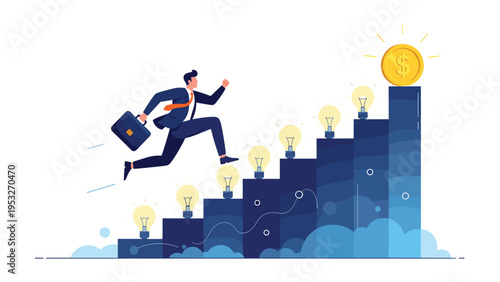 Ambitious entrepreneur running up a rising bar graph made of lightbulbs towards a large gold dollar coin at the peak.