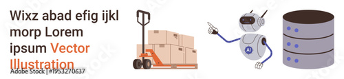 Robotics, logistics, AI, data management, warehouse storage, inventory control. A robot pointing to a database alongside a pallet jack and boxes. Robotics and logistics concept
