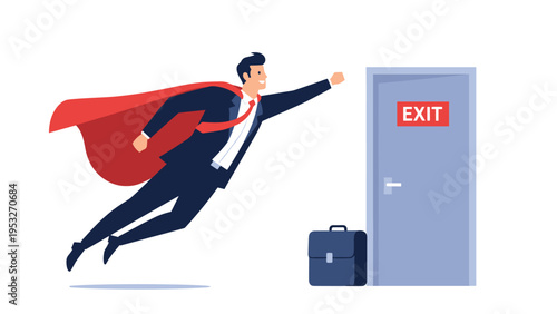 Superhero businessman wearing a red cape flying fast through the air towards an exit door to find a new opportunity.